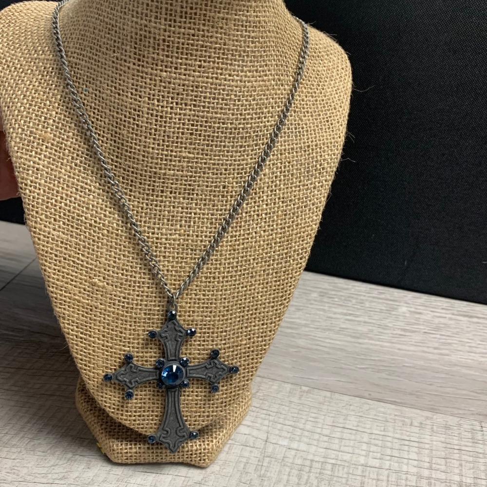Gothic Cross Necklace Antique Silver Tone Blue Rhinestone Ornate Pendant 20"